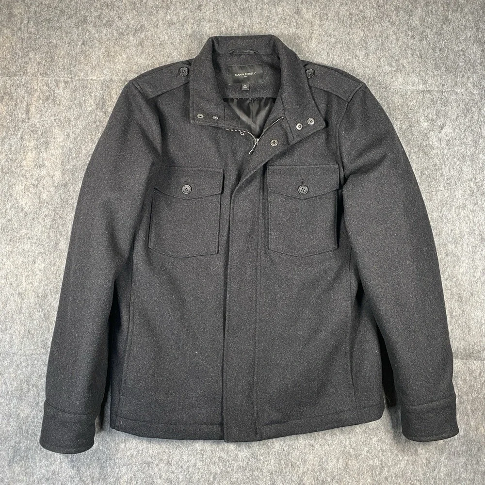 Banana Republic Miltary Jacket Men's Medium Gray Wool Full Zip Coat‎ Epaulets